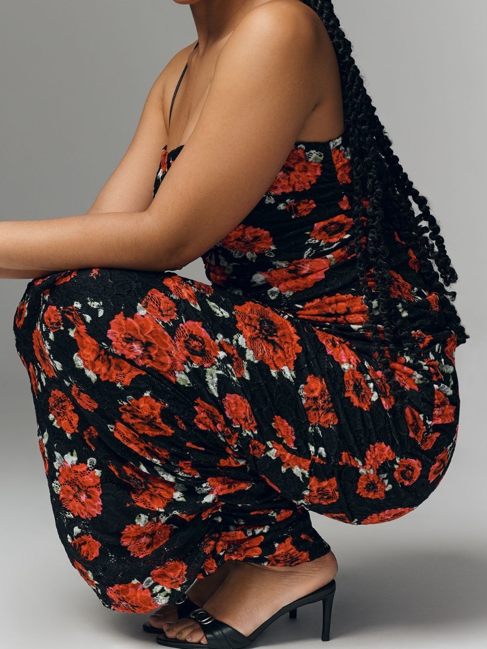 Anthropologie AFRM Ruched Mesh Midi Dress New 2X Black Painted Roses Red Floral